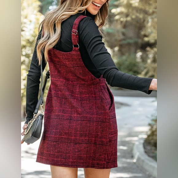 Women's Mini Dress Plaid O-Ring Zip Wide Straps Sleeveless Overall Dress - Picture 5 of 9